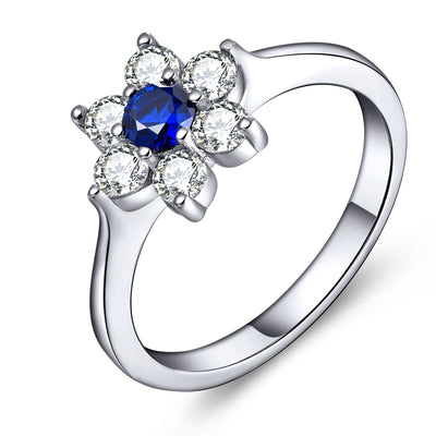 925 Silver Created Blue Spinel Flower Ring
