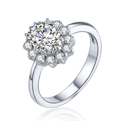 Classical Oval Sterling Silver Flower Ring with CZ Halo