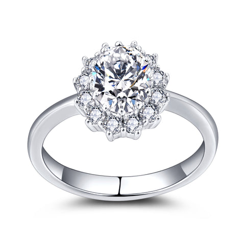 Classical Oval Sterling Silver Flower Ring with CZ Halo